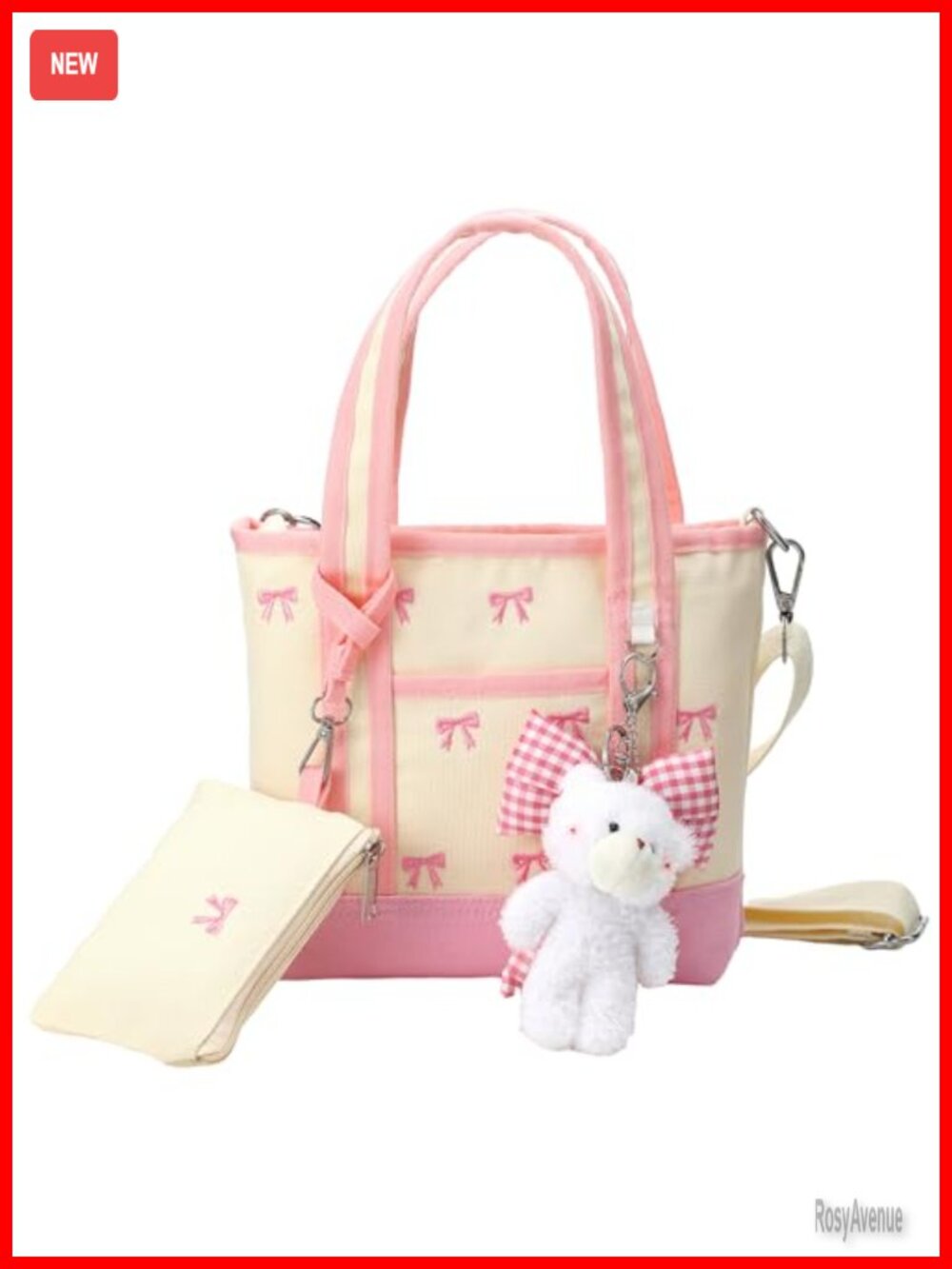 Canvas Bow Tote Bag Set with Card Holder Plaid Bow Bear Pendant Shoulder Handbag